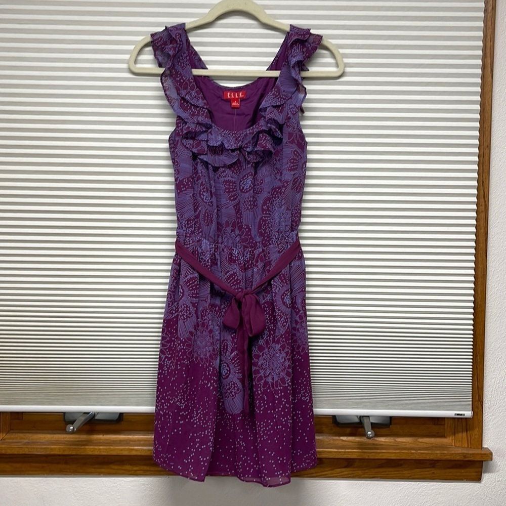 Elle NWT Purple Blue Aruba Floral Ruffle Belted Sleeveless Mini Dress Size Small